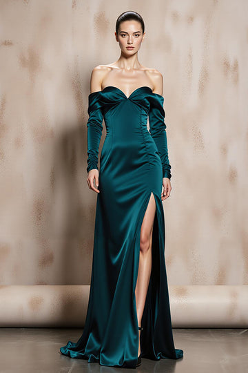 Dark Green Off The Shoulder A Line Long Evening Dress